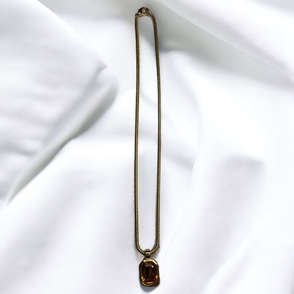 Vintage 80s DIOR Gold Plated Necklace with Orange Crystal Pendant - Picture 2 of 7